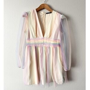 DOUBLE CRAZY Rainbow Tulle Long Sheer Sleeve Mini Dress Size Large‎